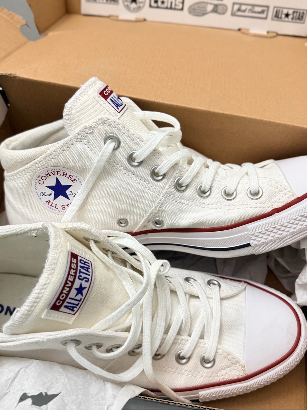 Converse women White High Top Sneakers with Red and Navy Trim